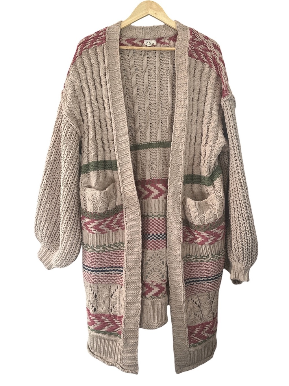 POL Beige & Dusty Rose Patterned Open-Front Knit Cardigan Sweater - Picture 2 of 7